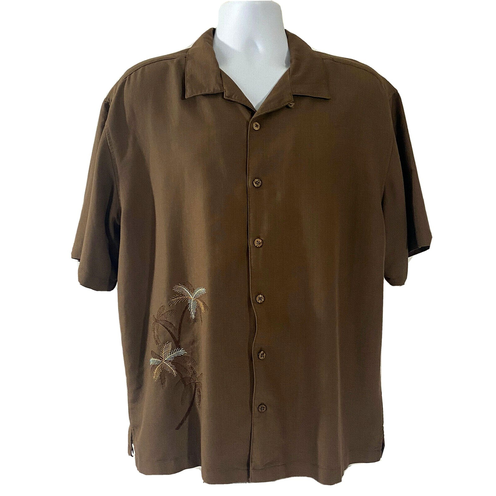 Mens Havana Jacks Café Brown Embroidered Palm Trees Button-Up Hawaiian Shirt XXL
